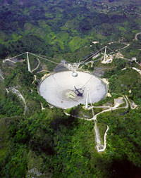 The Arecibo Radio-Telescope dish sits comfortably between three mountains. 
